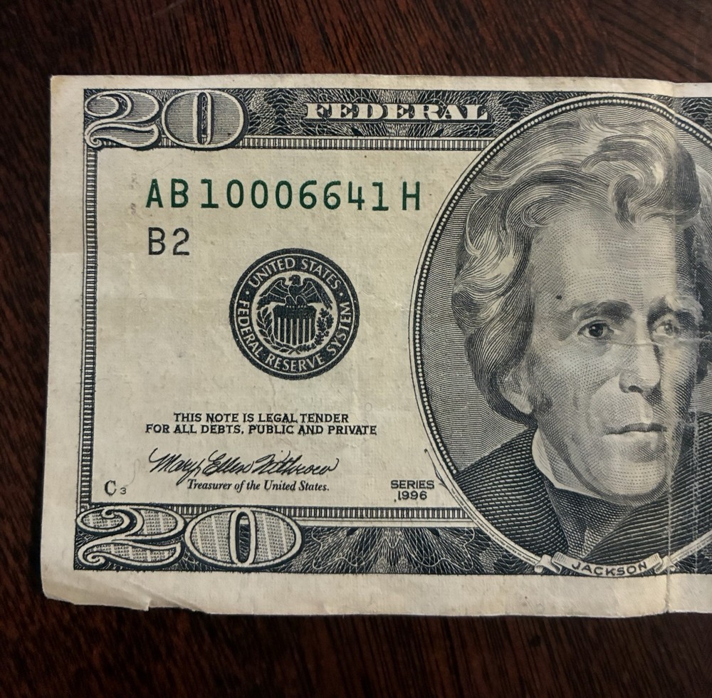 Error Miscut Misaligned Misprint US $20 Twenty Dollar Bill Banknote 1996