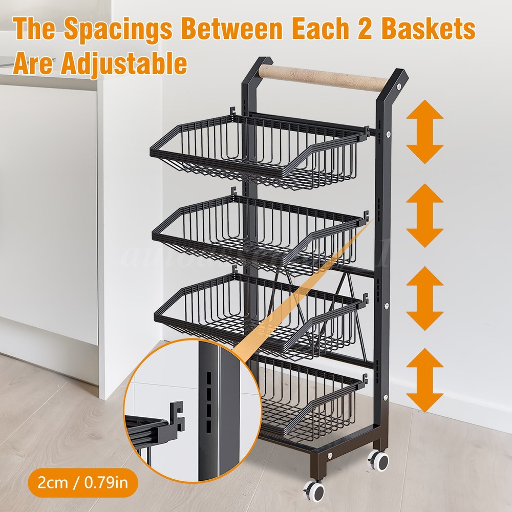 4 Tiers Kitchen Trolley Rack Utility Rolling Storage Cart Fruit Vegetable Shelf