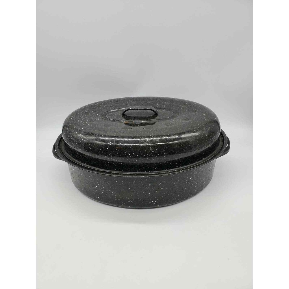 Large Black Speckled Enamelware Roasting Pan