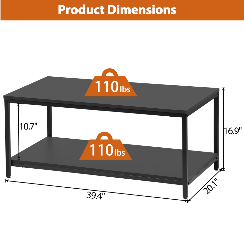 39" Rectangular Coffee Table Industrial Wood Center Table w/ Storage Shelf Black