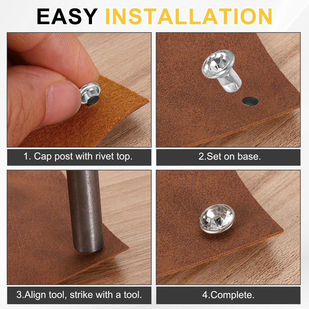 100pcs Crystal Rivets 9mm Rhinestone Stud with Installation Tool, Silver Clear