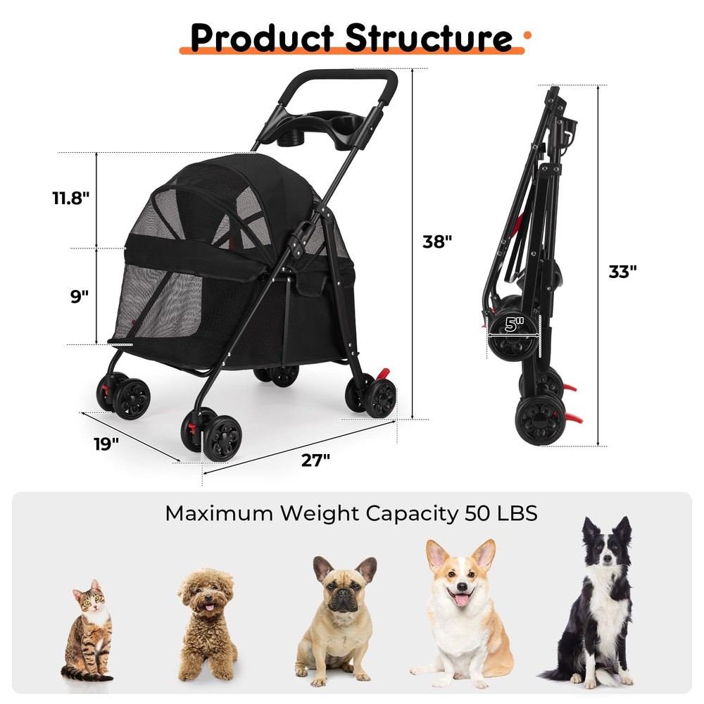 Foldable Pet Stroller for Small/Medium Pets up to 22 lbs - Lightweight 4-Whee...