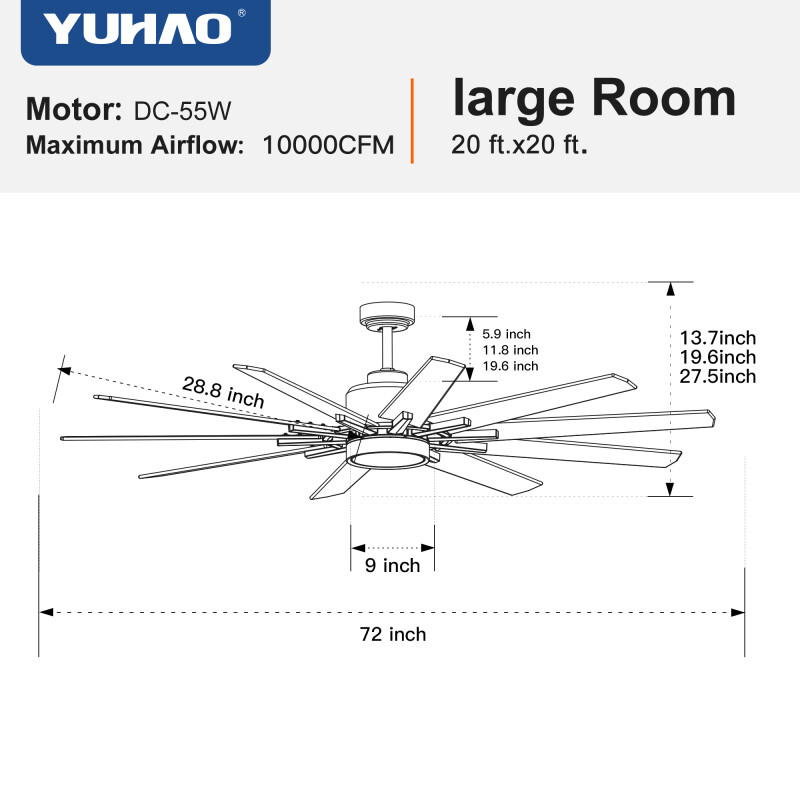 Modern 72 in Ceiling Fan with LED Light, Remote Control, 10 Blades, Black