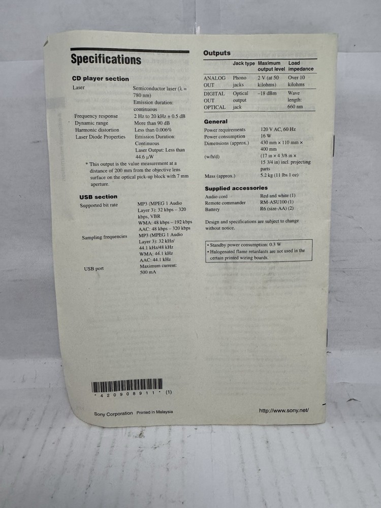 Sony CDP-CE500 CD Player Original Instruction Manual OEM