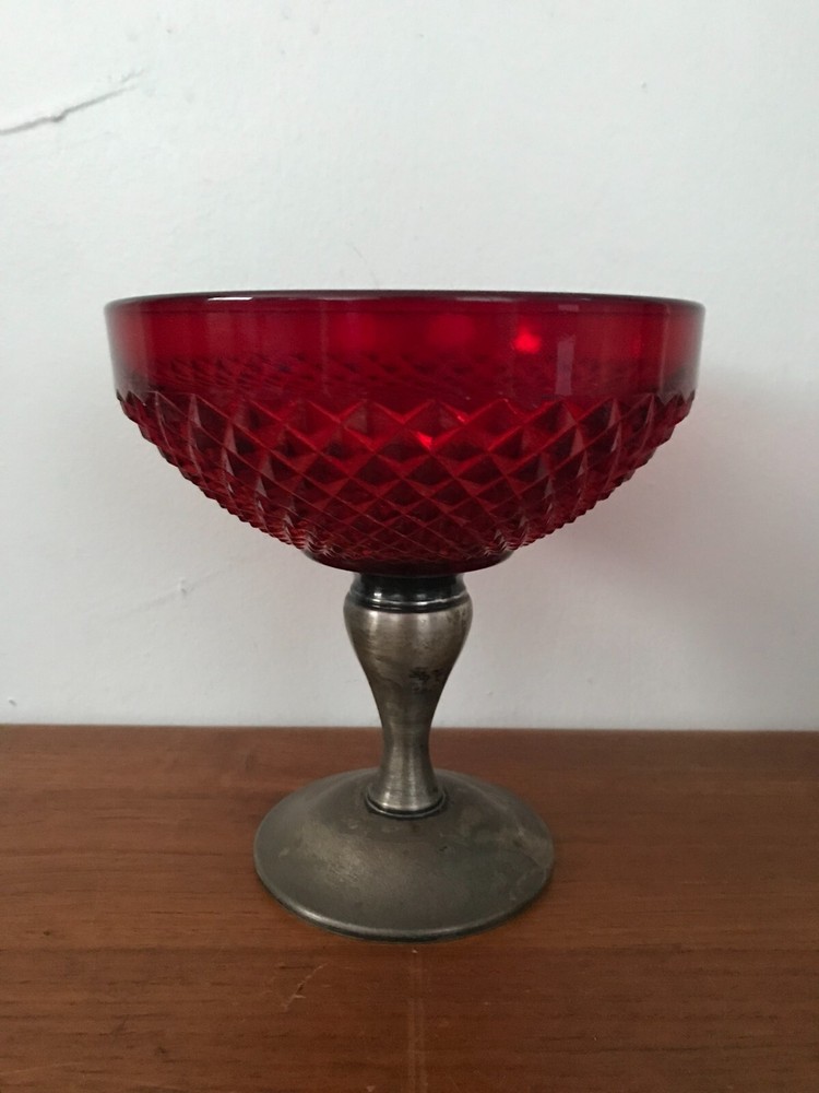 Vintage Alvin Sterling Silver Diamond Point Ruby Pedestal Compote Serving Dish