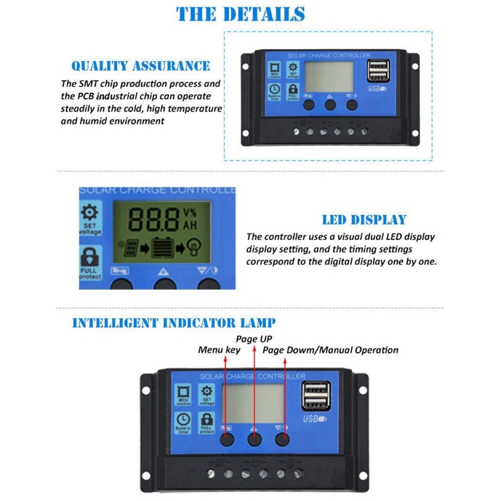 Solar Panel Charge Controller 12V 24V 60A Automatic Universal USB LCD Dispaly