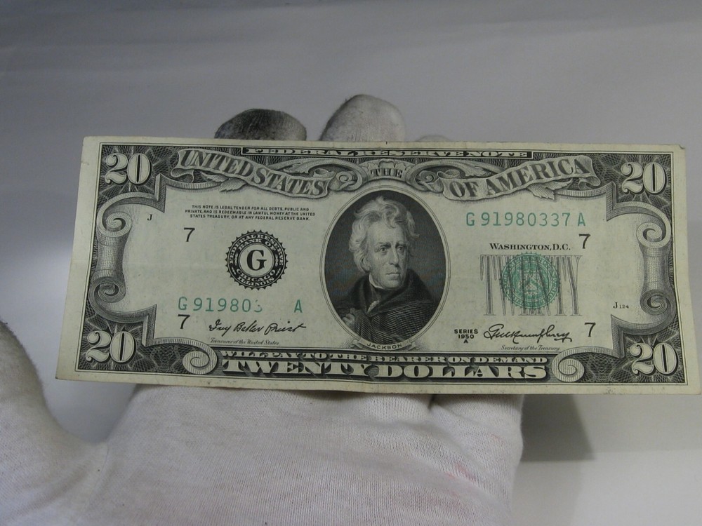 ERROR Note:1950-A $20 FRN w/ Missing Serial Numbers - Print over Foreign Object.