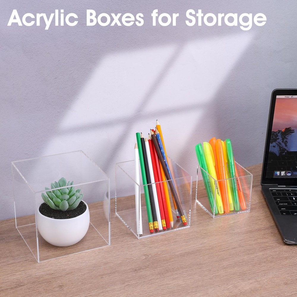 3 Pcs Acrylic Boxes for Display, 3" 4" 5" Small Square Clear Acrylic Cube wit...