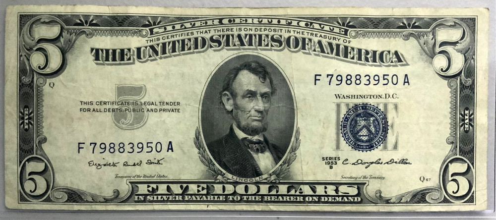 1953-B $5 SILVER CERTIFICATE NOTE~VERY FINE