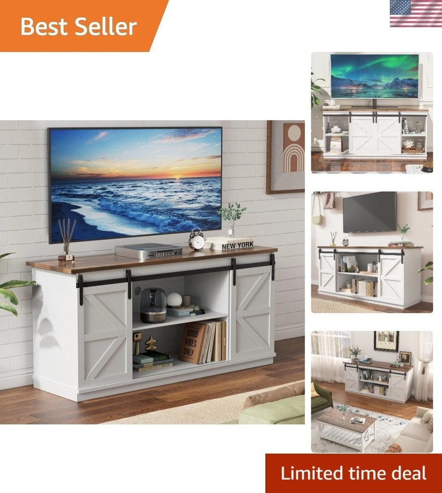Large White TV Stand, Sliding Barn Doors, Console Table, 58"