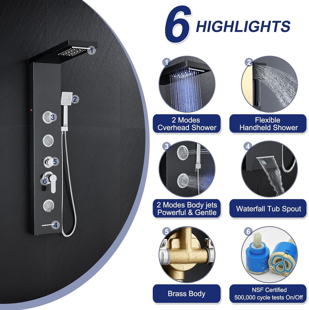 5-in-1 LED Shower Panel Tower System with Rainfall, Jets & Handheld Black Finish