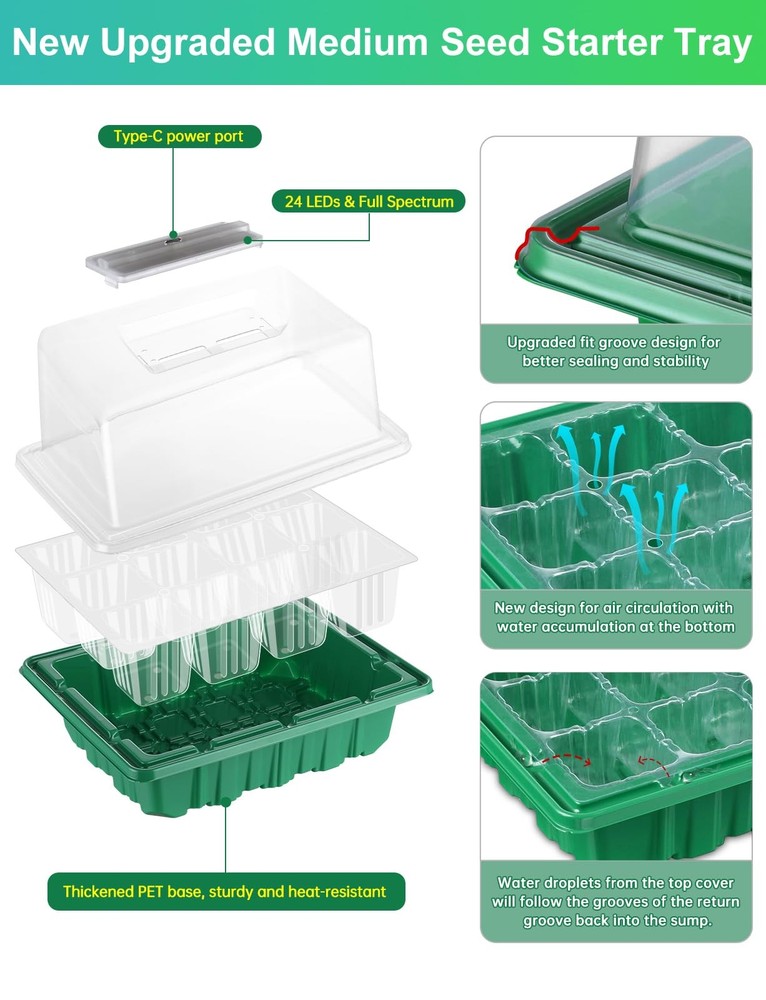 4 Packs Medium Seed Starter Tray, Adjustable Brightness and Timer, Upgraded 2...