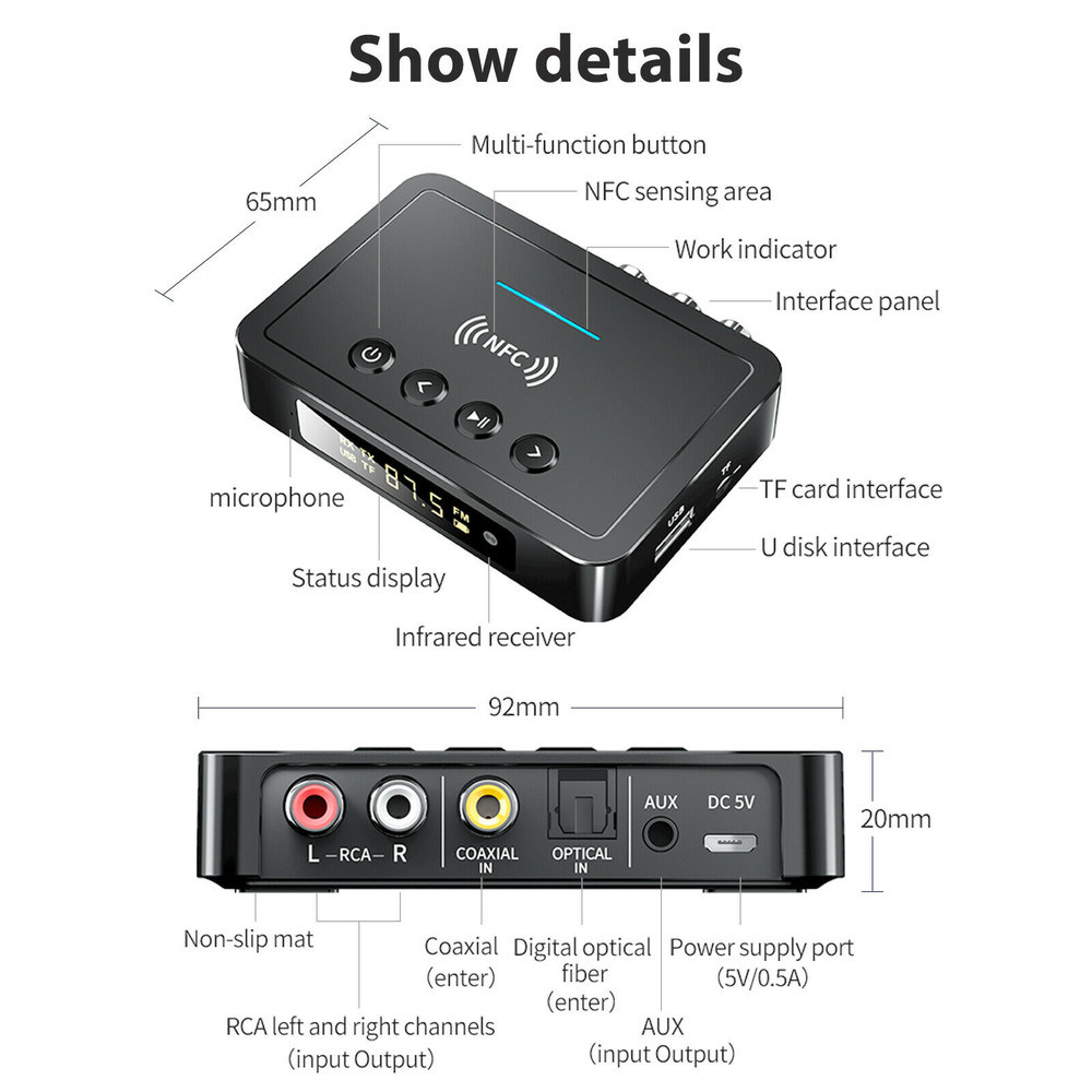 Bluetooth 5.0 Receiver Transmitter Wireless 3.5mm Adapter AUX NFC to 2 RCA Audio