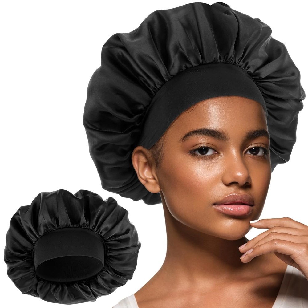 Silk Bonnet for Men, Satin Double Layer Elastic Band Sleep Black