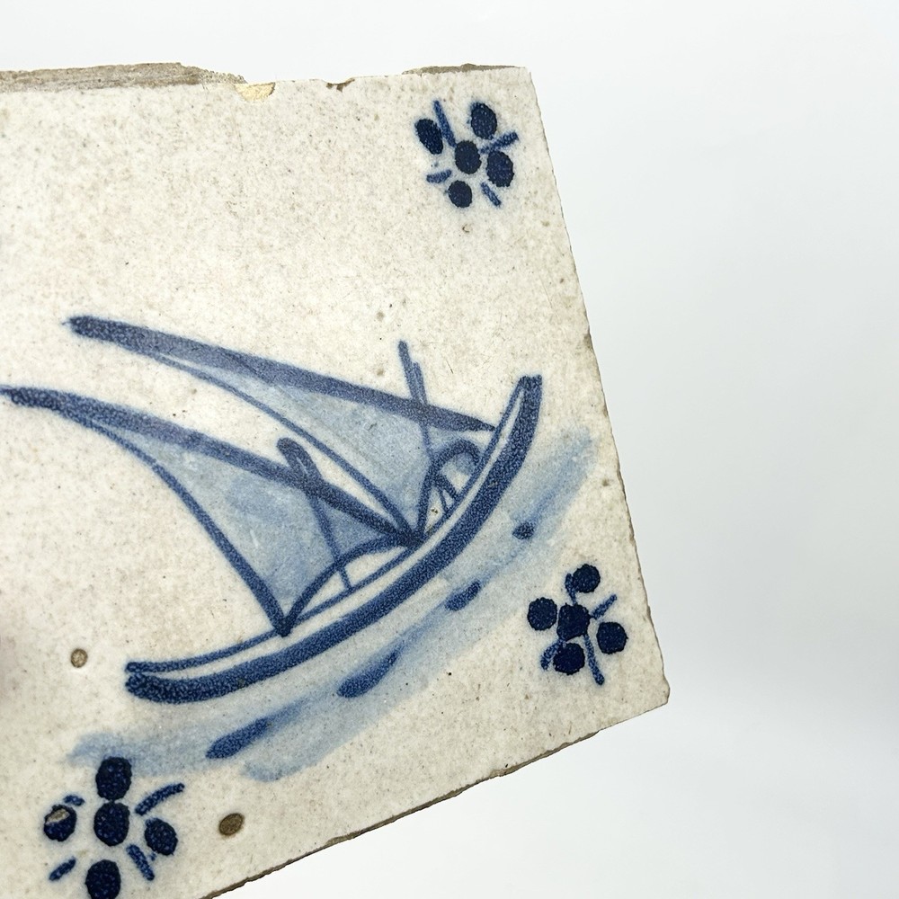 Antique Delft Clipper Ship Blue Hand Painted Tile