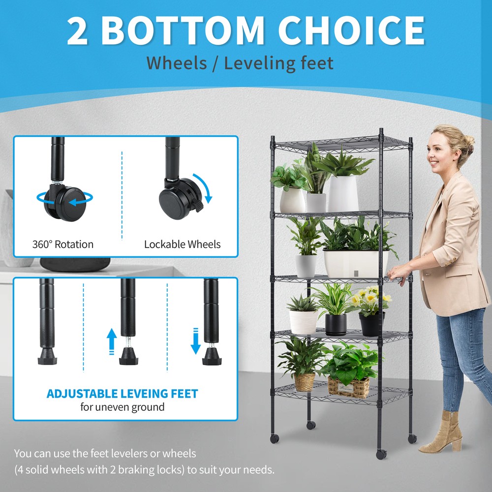 Adjustable 5-Tier Black Wire Shelving Unit, 30"W x 14"D x 65"H