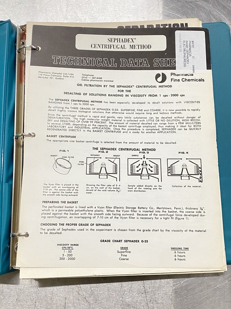 Pharmacia Sephadex Centrifugal Method - Users Guide / Instructions Manual