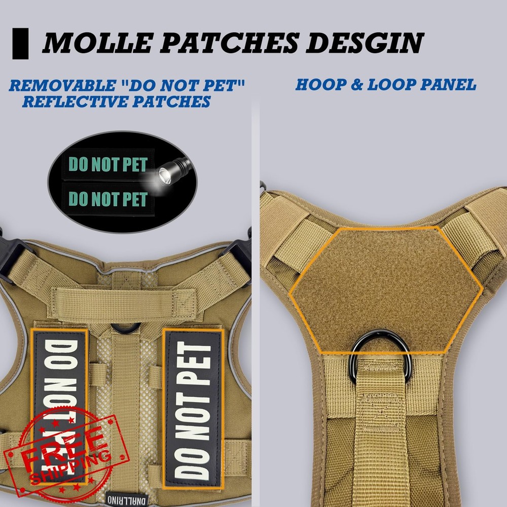 DNALLRINO Tactical Dog Harness Brown, No Pull Vest, Reflective