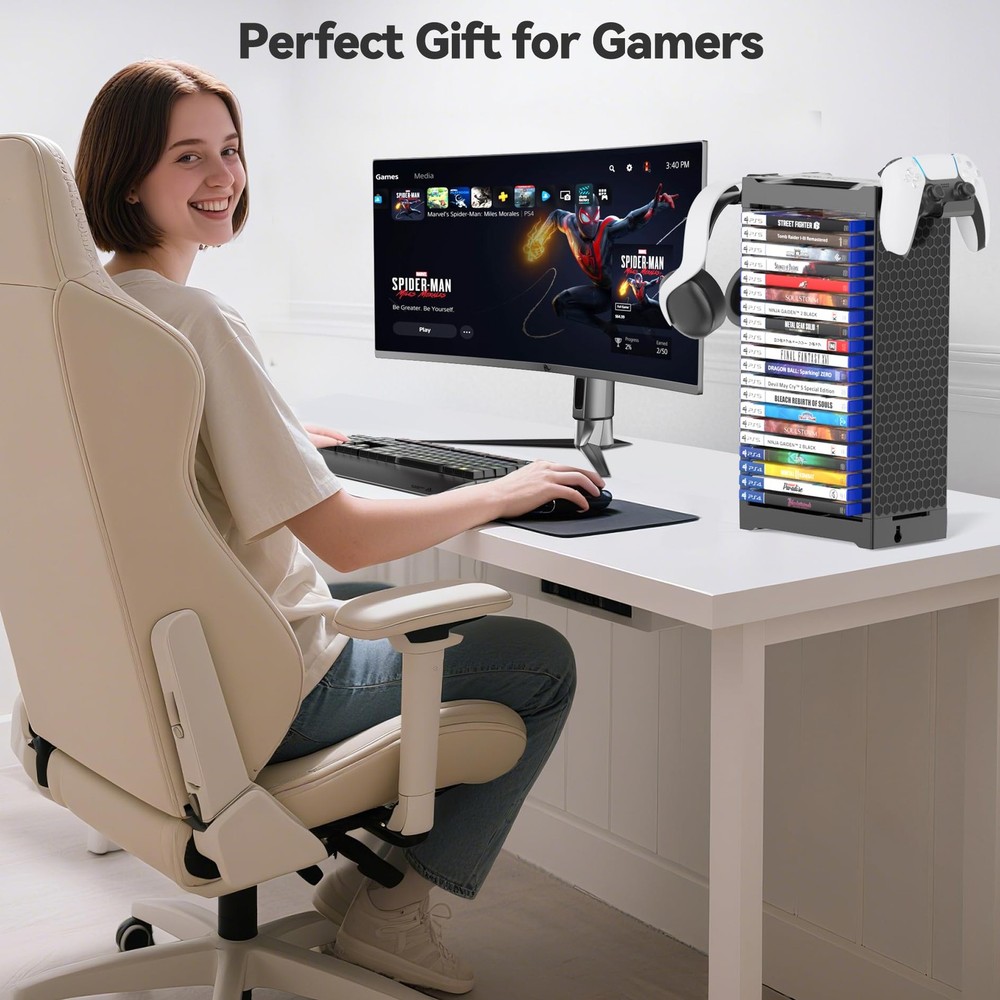 Video Game Storage Tower Holder with Controller Stand, Wall 1-Tier, 1T-Black