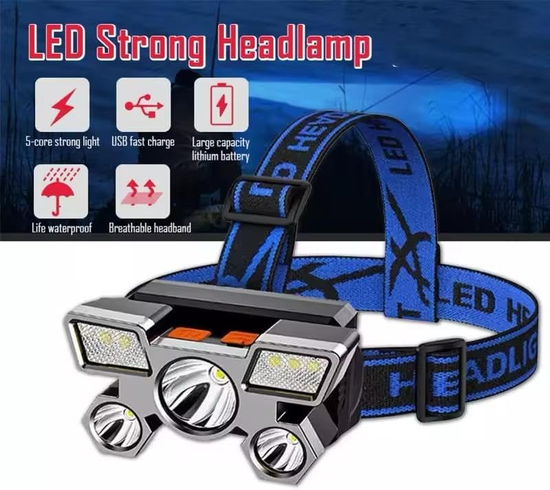 5 Leds Super Bright LED Headlights, USB Rechargeable Portable 4 Modes
