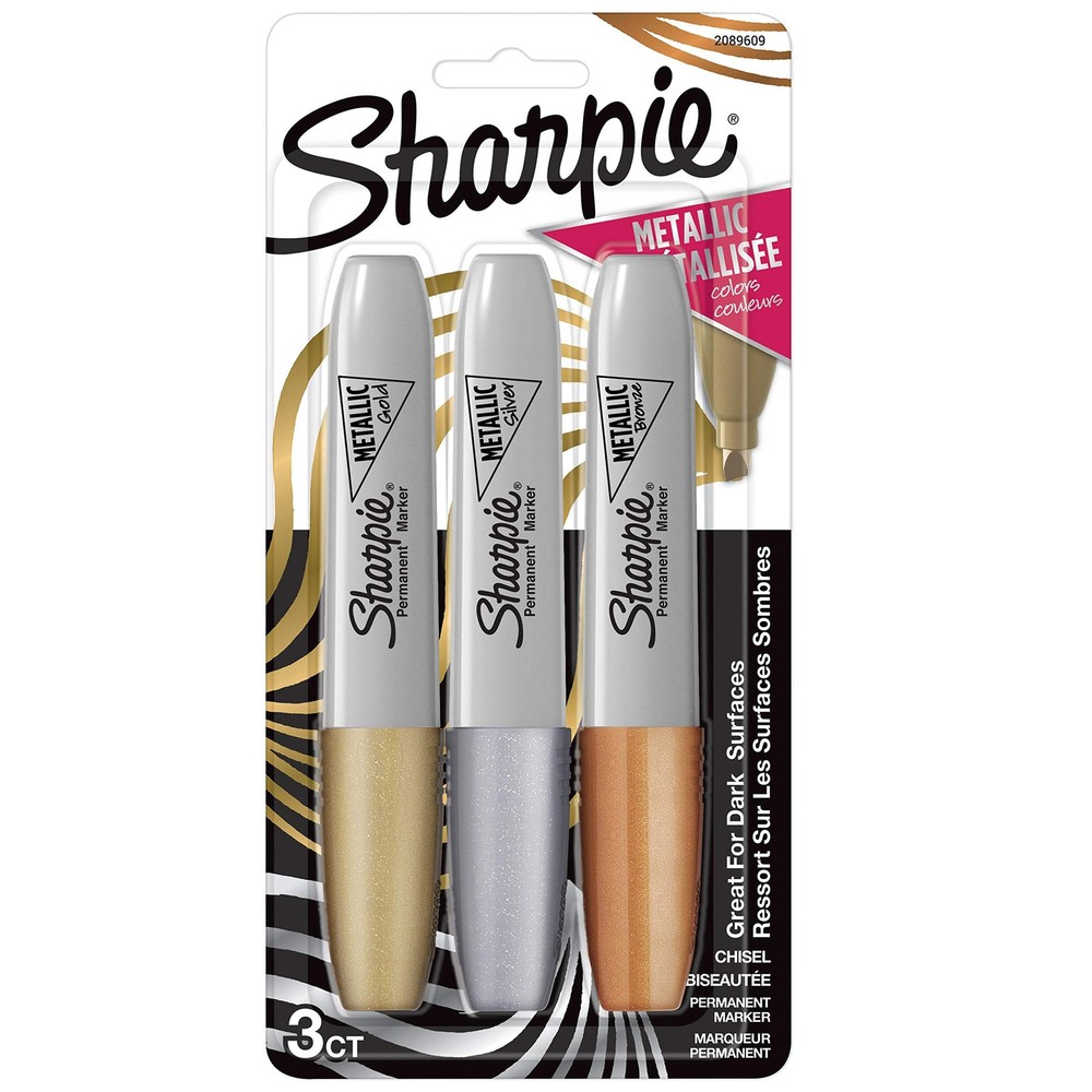 Metallic Permanent Markers, Chisel Tip, Assorted Colors, 3 Pack
