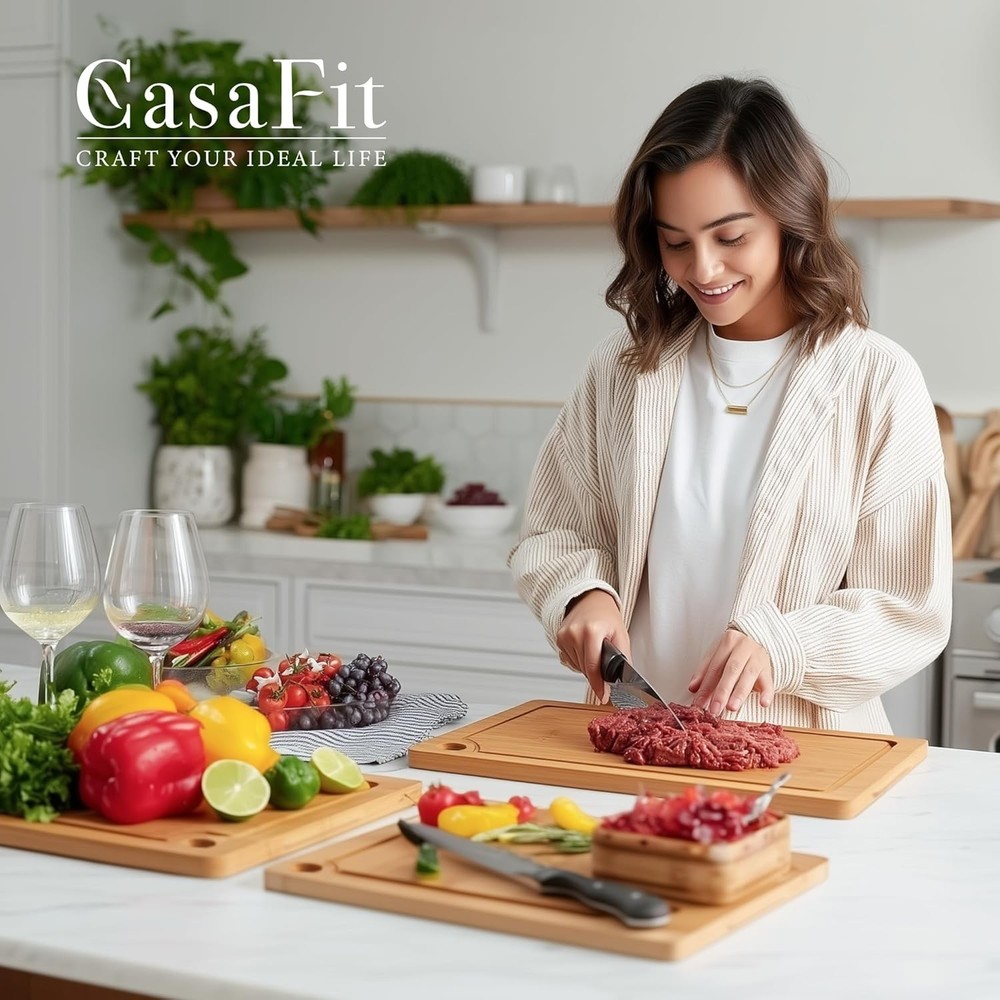 3-Piece Organic Bamboo Cutting Board Set Kitchen Carbonized Extra Sturdy