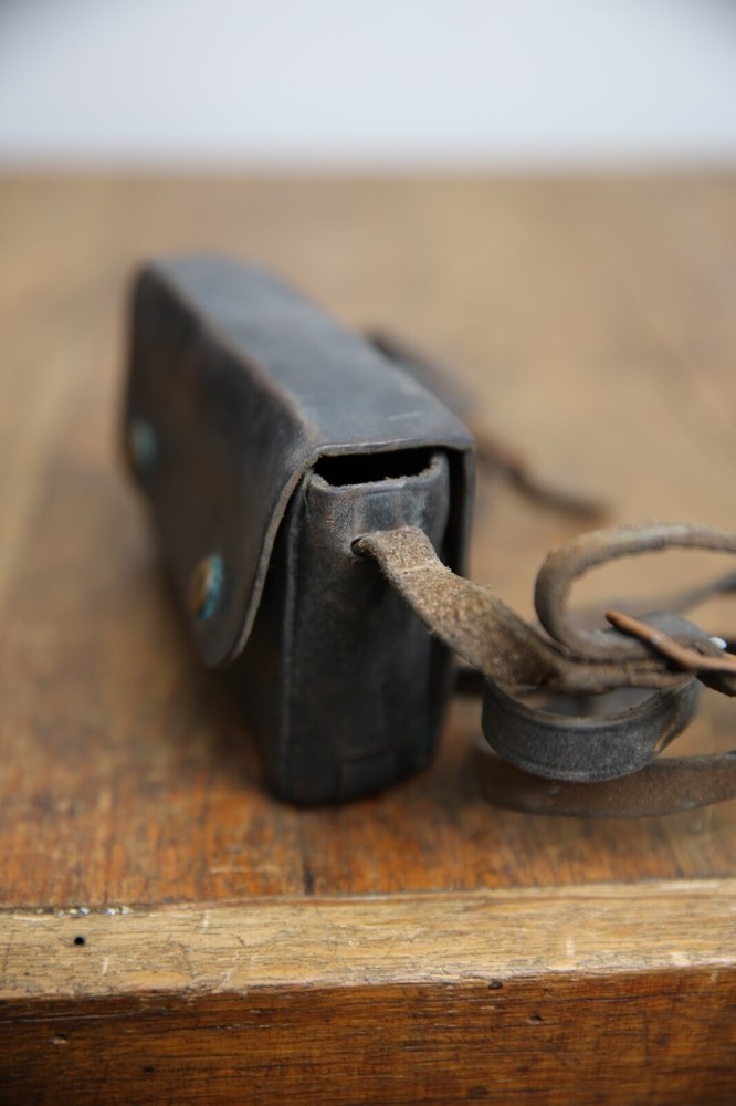 Antique Vintage Leather Camera Case Shoulder Strap brass button snaps