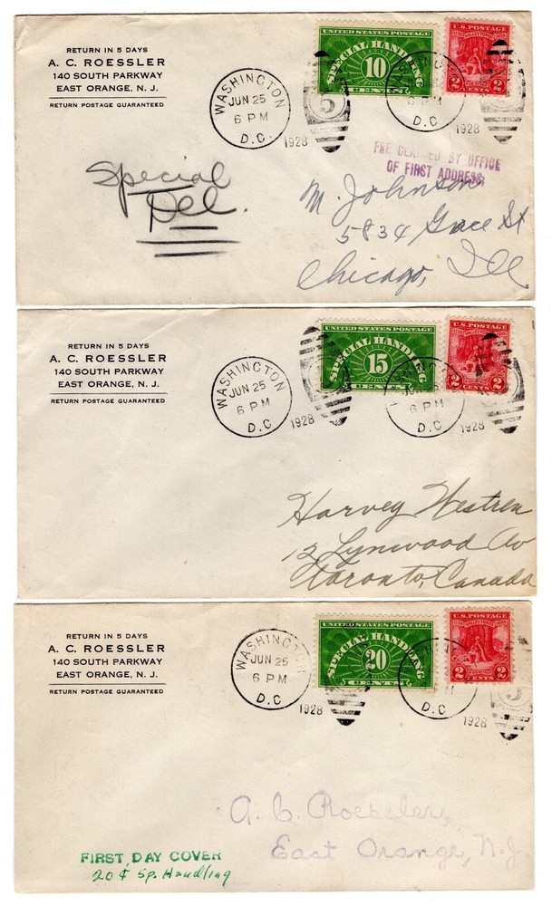 QE 1-3 Special Handling Set/3 Roessler First Day Covers 1928
