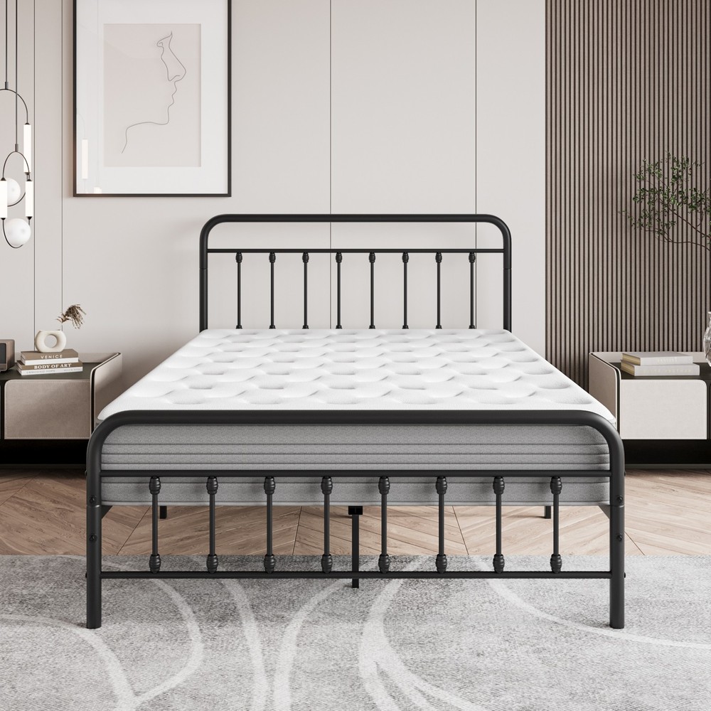 Full Size Metal Platform Bed Frame with Petal Accented Headboard
