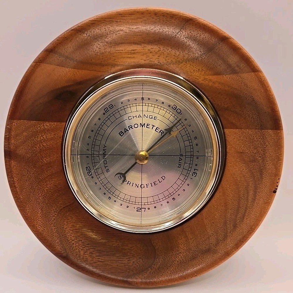 Vintage SPRINGFIELD Set Therometer & Barometer Solid American Walnut Round 5.5"