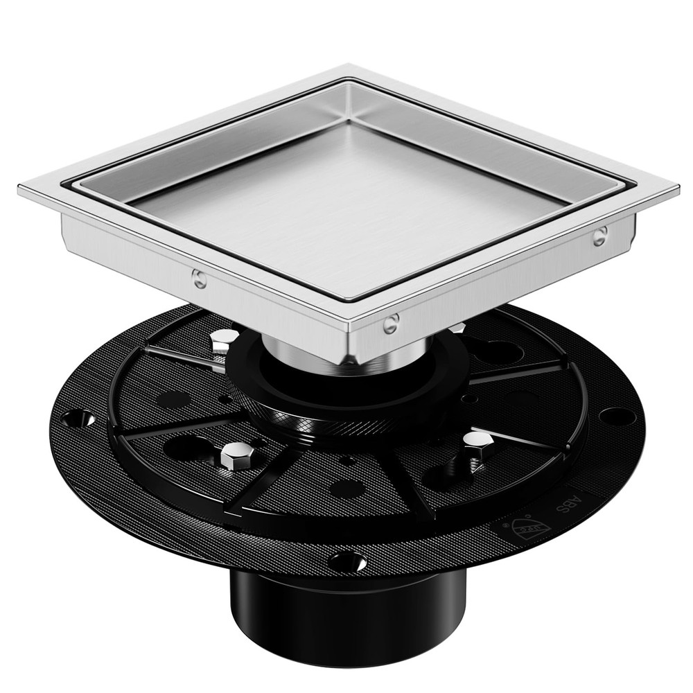 Square Shower Drain 6 Inch Brushed Nickel with Tile Insert Grate, Stainless S...
