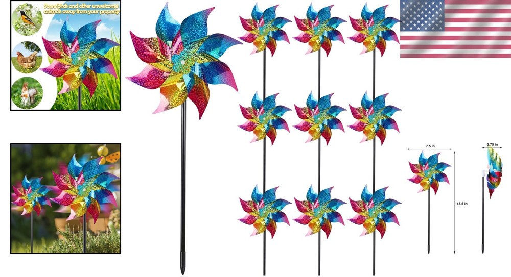 10-Pack Reflective Rainbow Pinwheels - Bird Repellent Solution for Garden Pro...