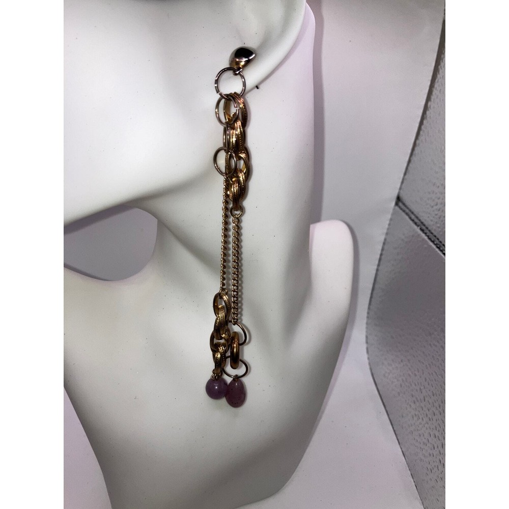 Lavender Agate Long Dangle Brass 5.75" Earrings Vintage!