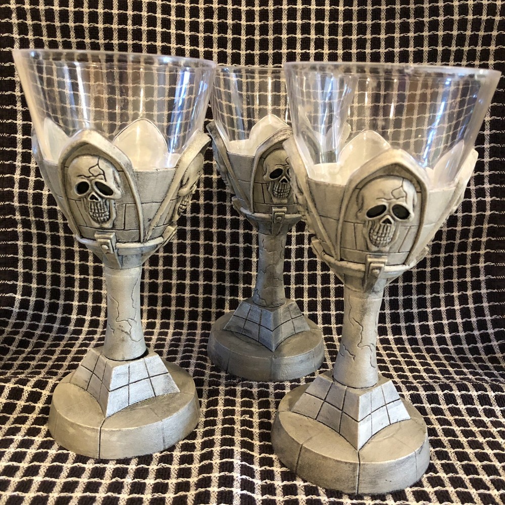 3 Scary Skeleton Plastic Halloween Goblets, Stem Glasses