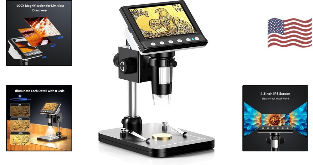 Revolutionary 4.3'' Coin Microscope: 1000X Magnification and Adjustable Lighting