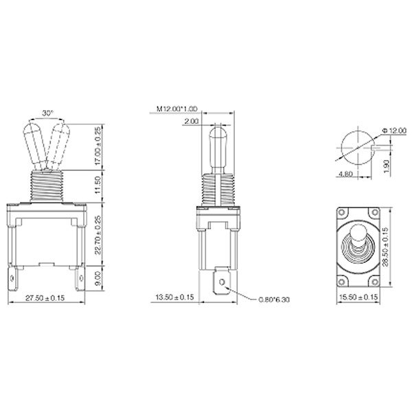 SPST On/Off Toggle Switch 2 Spade 20A 125VAC 2 Position