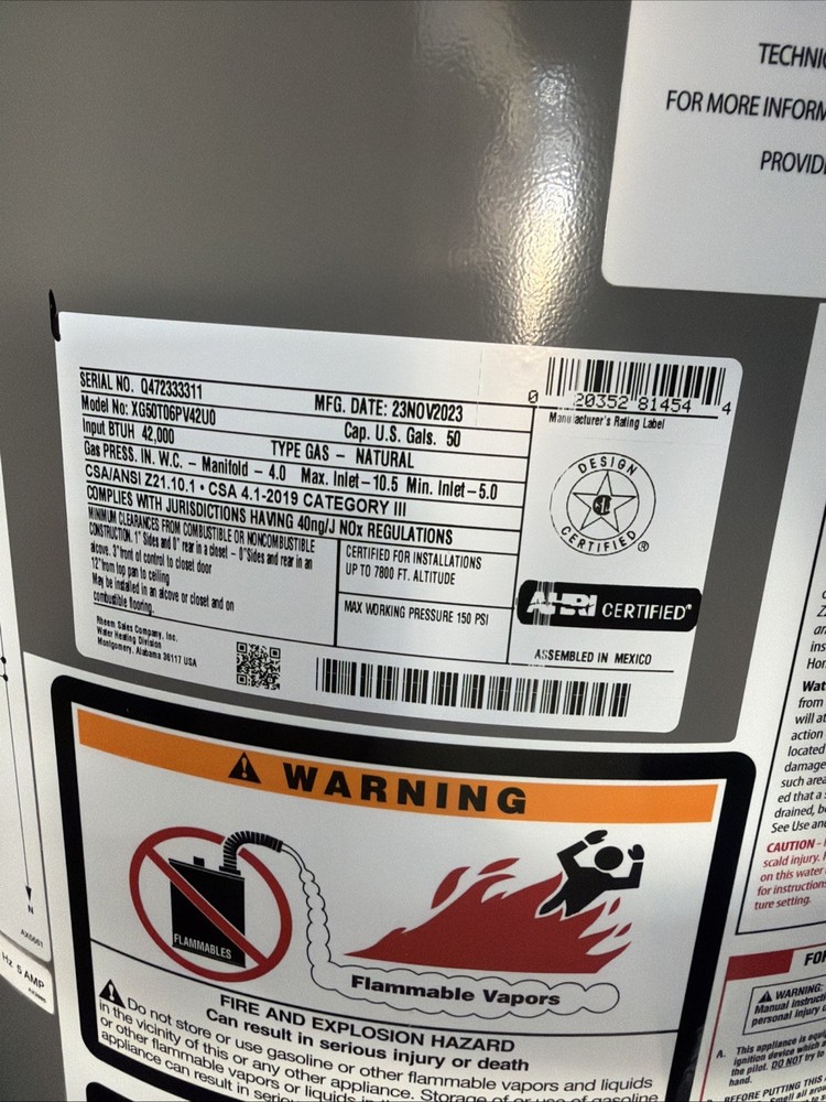 Rheem Natural Gas Vent Tall Water Heater 50 Gal, 42,000 BTU XG50T06PV42U0