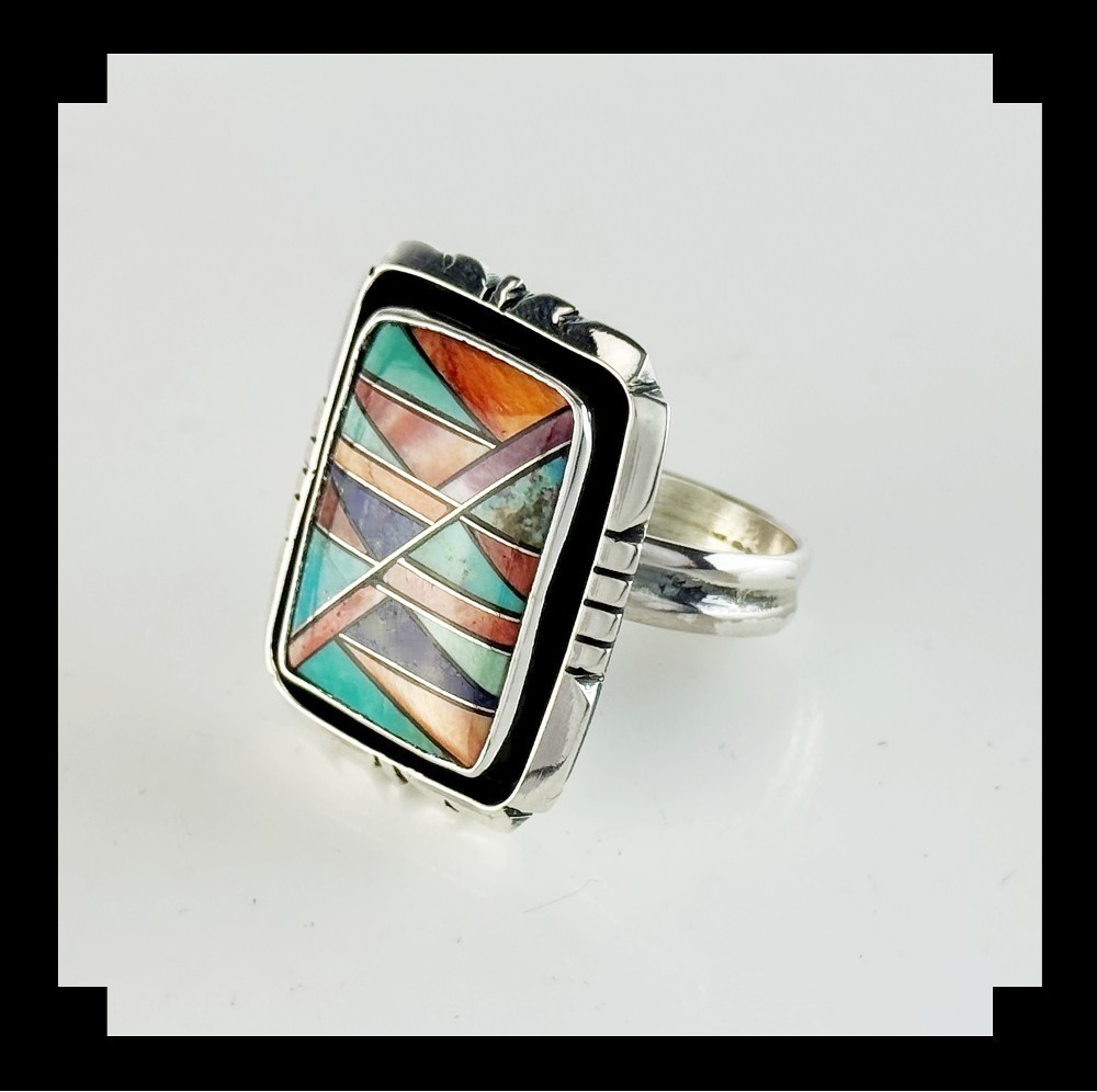 Handcrafted Sterling Silver Multi Stone Inlay Ring Adjustable