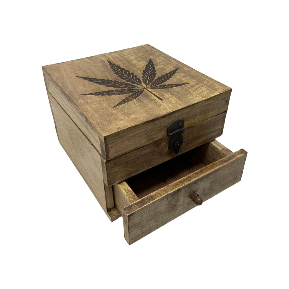 Wood Stash Box Storage Hinged Top Drawer Pot Leaf Design