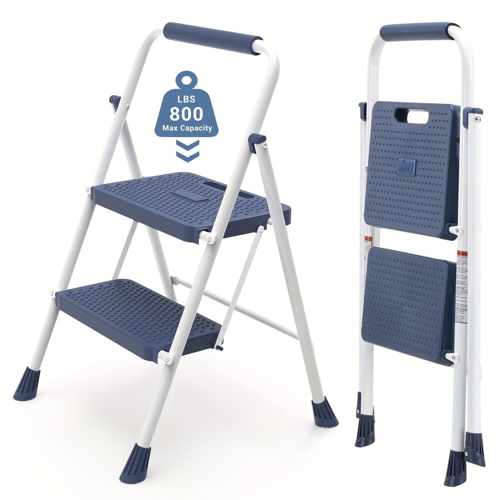 2-Step Folding Step Ladder, 800 lbs Heavy-Duty Metal Step Stool Blue