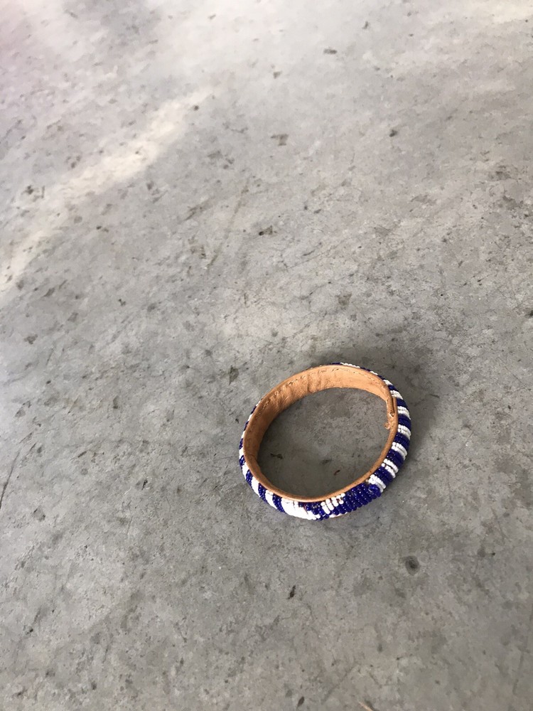 Handmade Blue White Beaded Leather Bangle Bracelet