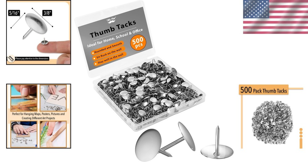 500 Pack Silver Thumb Tacks - Durable Flat Push Pins for Office & Home