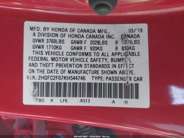 CIVIC 2019 Transmission Shift 2128474