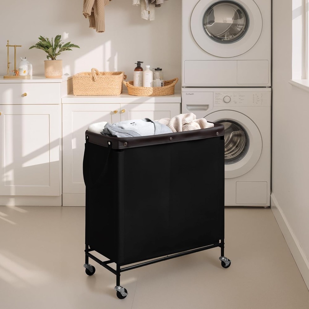 3 Section Laundry Hamper Rolling Laundry Cart W/ Wheels & Handles Laundry Room