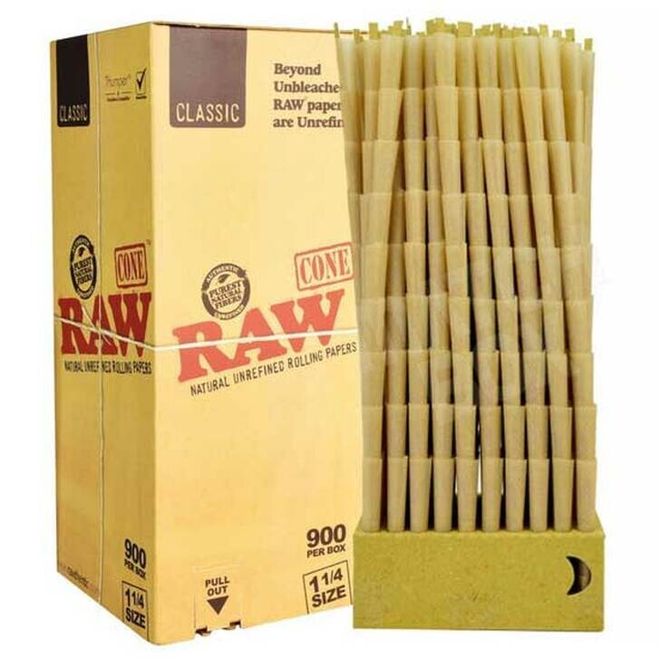 Authentic RAW Classic 1 1/4 Size Pre-Rolled Cone 100 Pack & Lighter & 5 Tubes