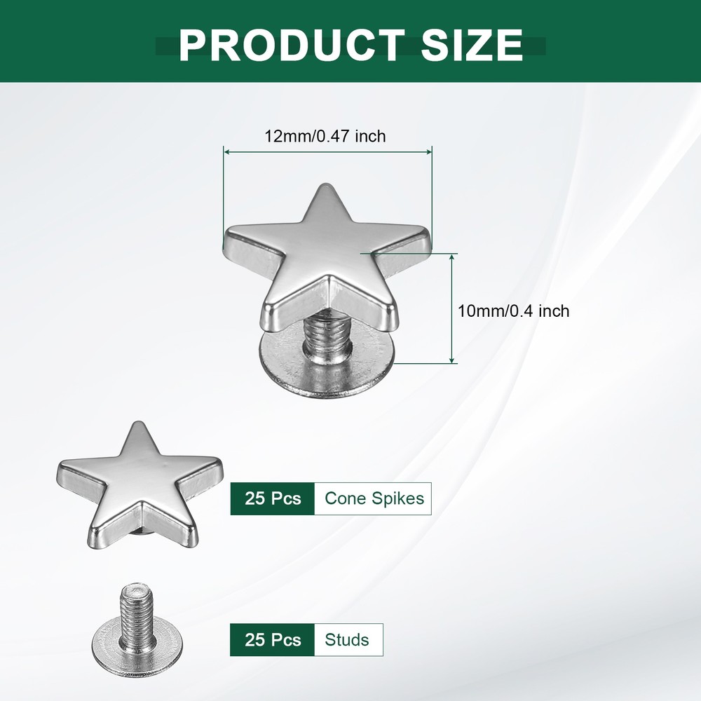 25Pack Metal Stud Rivets 12mm Star Shape Decoration Screw Back Studs Silver