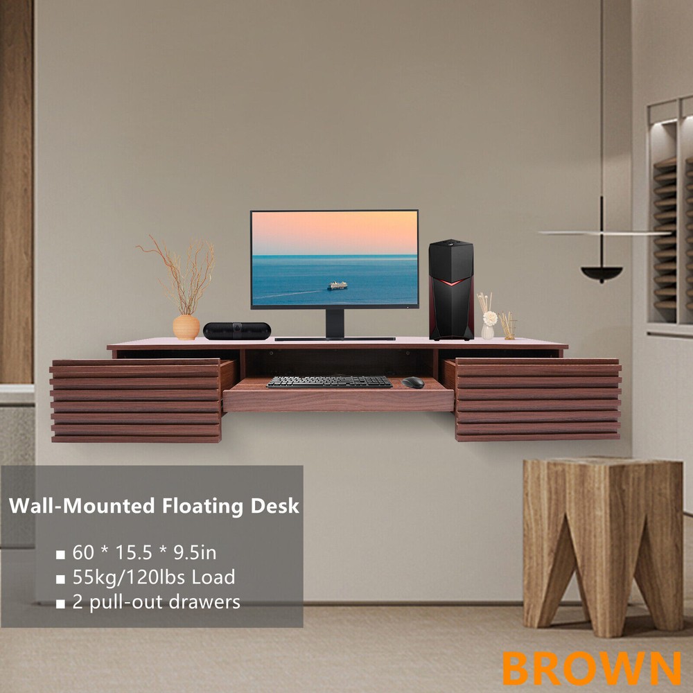 Brown/Black Wall-Mounted PC Table Floating Computer Desk W/ 2 Drawer 120lbs Load