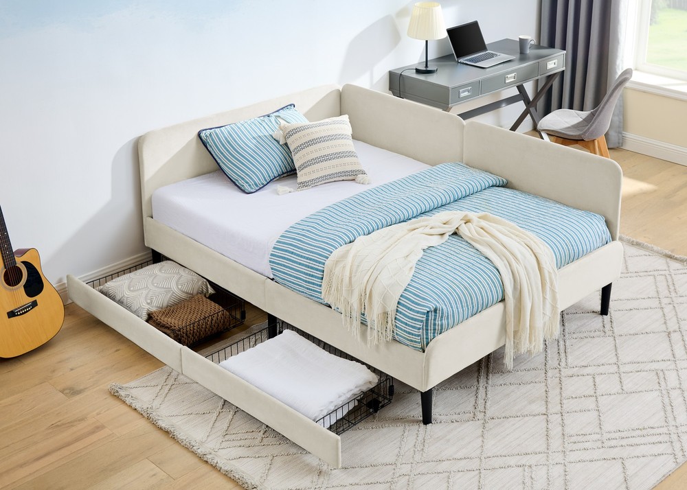 Full Size Upholstered Platform Bed Frame with 2 Storage Drawers, Adjustable Vel