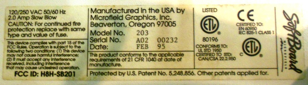 MICROFIELD GRAPHICS SOFTBOARD MICROFIELD, WHITEBOARD, MODEL #203, 120/250VAC
