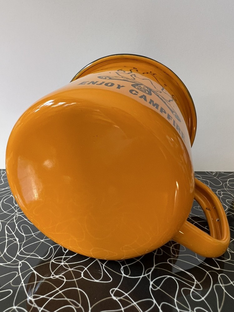 ORANGE Enamelware "Enjoy Camping" Metal Mug / Cup